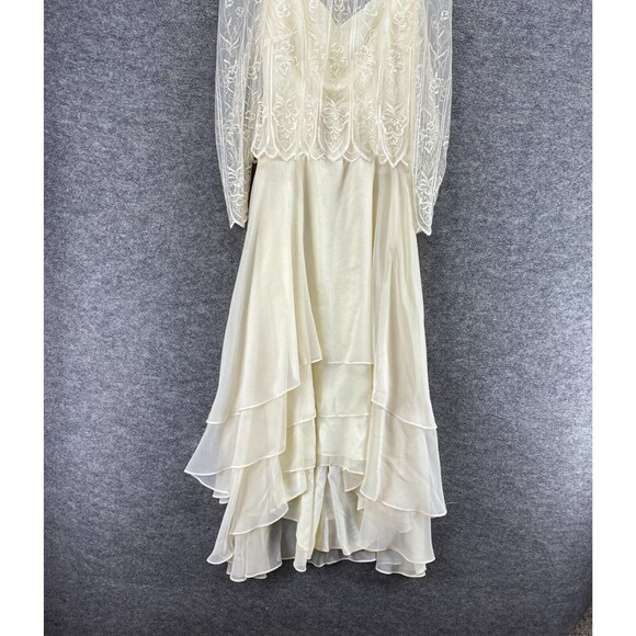 Vintage Dress Women 10 Beige Maxi Long Zipper Long Sleeve Ruffle Crew Neck - Picture 4 of 12